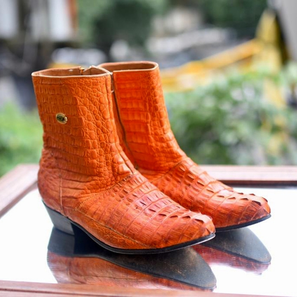 Men's Orange Croc-Texture Cowboy Boots